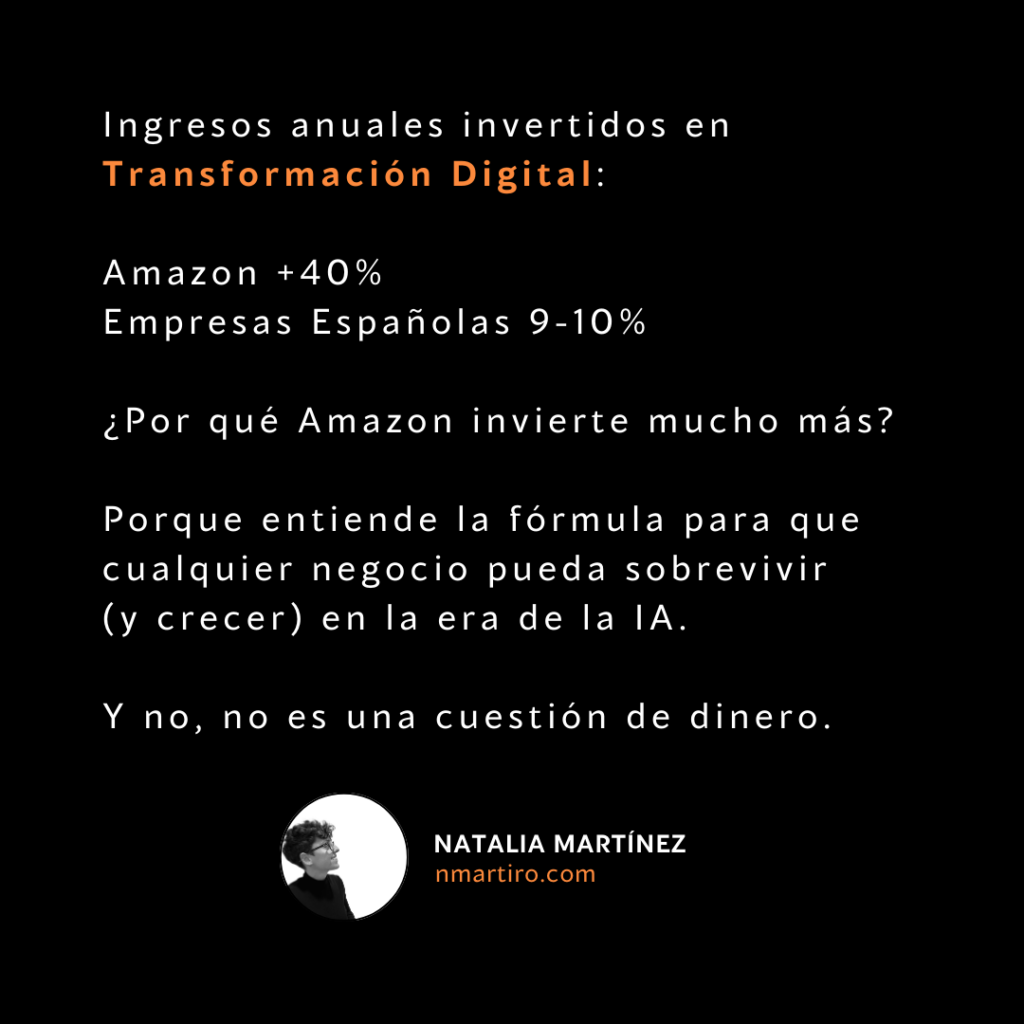 Comparativa de inversión en transformación digital: Amazon invierte +40% de sus ingresos anuales, mientras que las empresas españolas solo 9-10%. Reflexión sobre cómo Amazon lidera en la era de la IA entendiendo la importancia de la transformación digital para crecer y sobrevivir. Palabras clave: transformación digital, inversión empresarial, era de la IA, Amazon, empresas españolas.